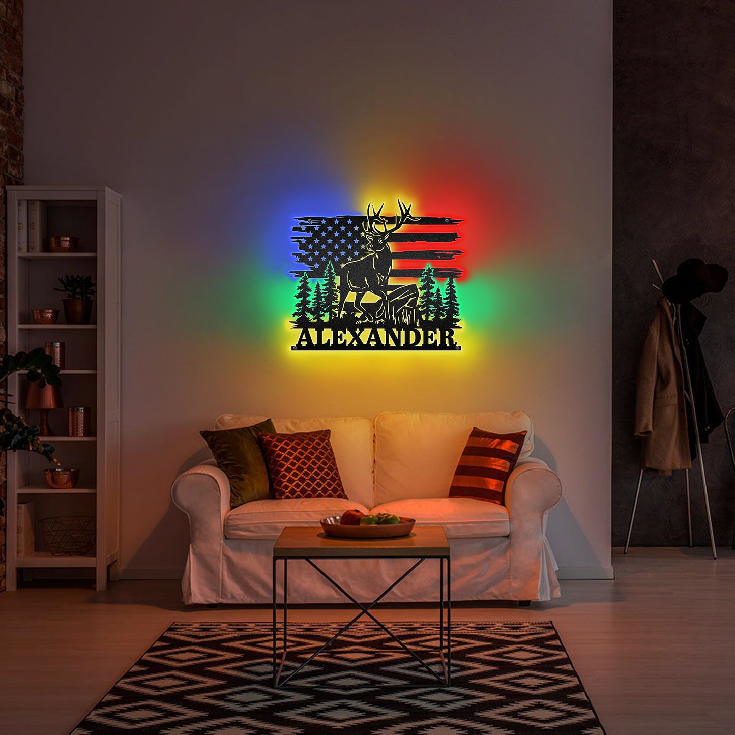 Deer Hunting US Flag - Woodland Animal Decoration - LED Light Personalized Cut Metal Sign