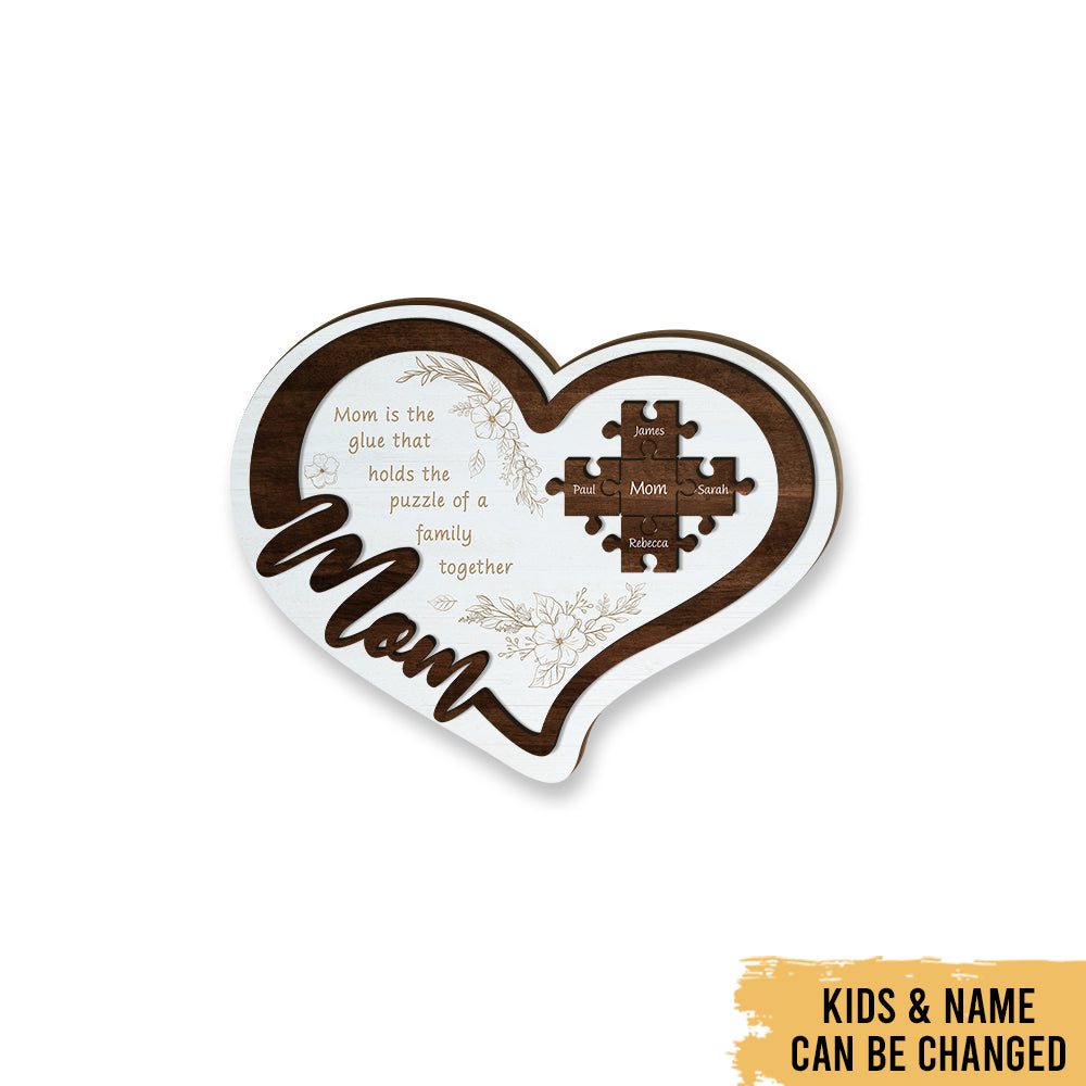 Love Mom Puzzle Heart Sign - Mother's Day Farmhouse Decoration - Personalized 2-Layer Wooden Art