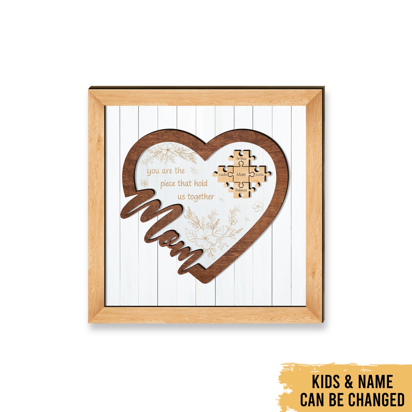 Mom Puzzle Heart Sign - Mother's Day Farmhouse Decoration - Personalized 2-Layer Wooden Art