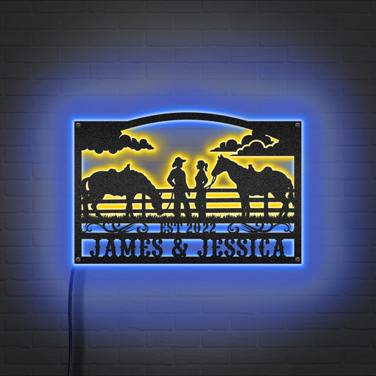 Cowboy & Cowgirl - Couple Farmhouse Decoration - LED Light Personalized Cut Metal Sign