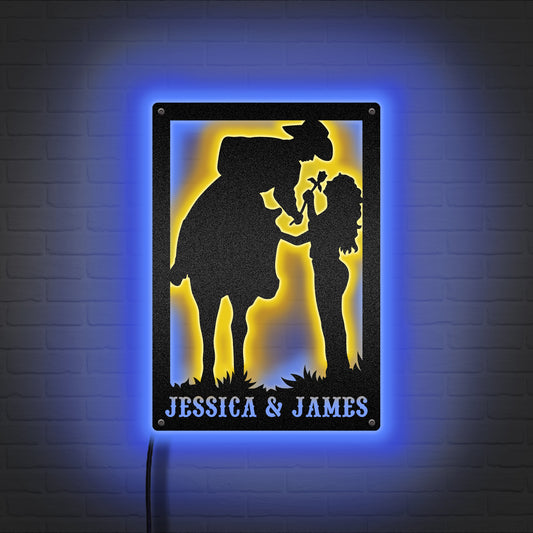 Romantic Love Between Cowboy & Cowgirl - Couple Farmhouse Decoration - LED Light Personalized Cut Metal Sign