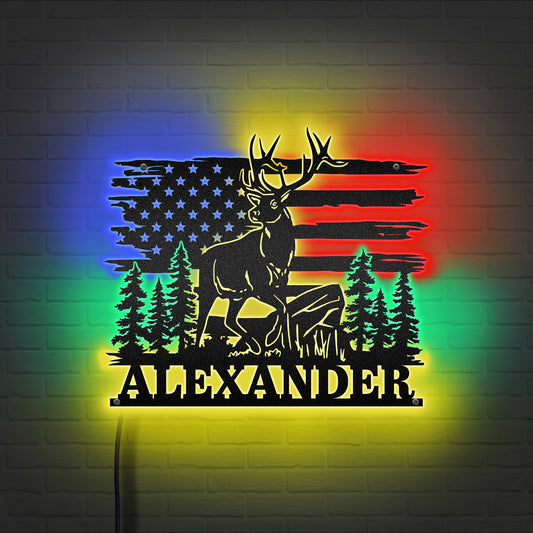 Deer Hunting US Flag - Woodland Animal Decoration - LED Light Personalized Cut Metal Sign