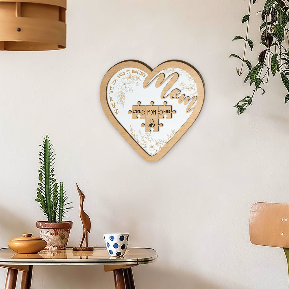 Love Mom Puzzle Heart - Mother's Day Farmhouse Decoration - Personalized 2-Layer Wooden Art