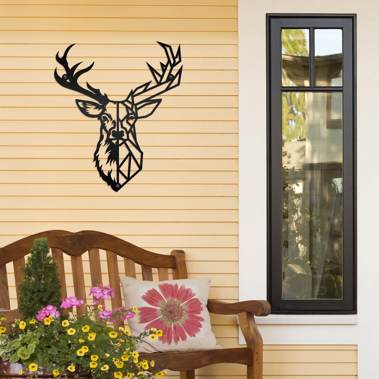 Deer Head In Geometric - Farmhouse Woodland Wild Life - LED Light Personalized Cut Metal Sign