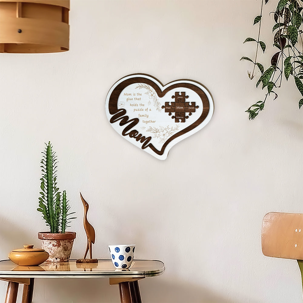 Love Mom Puzzle Heart Sign - Mother's Day Farmhouse Decoration - Personalized 2-Layer Wooden Art