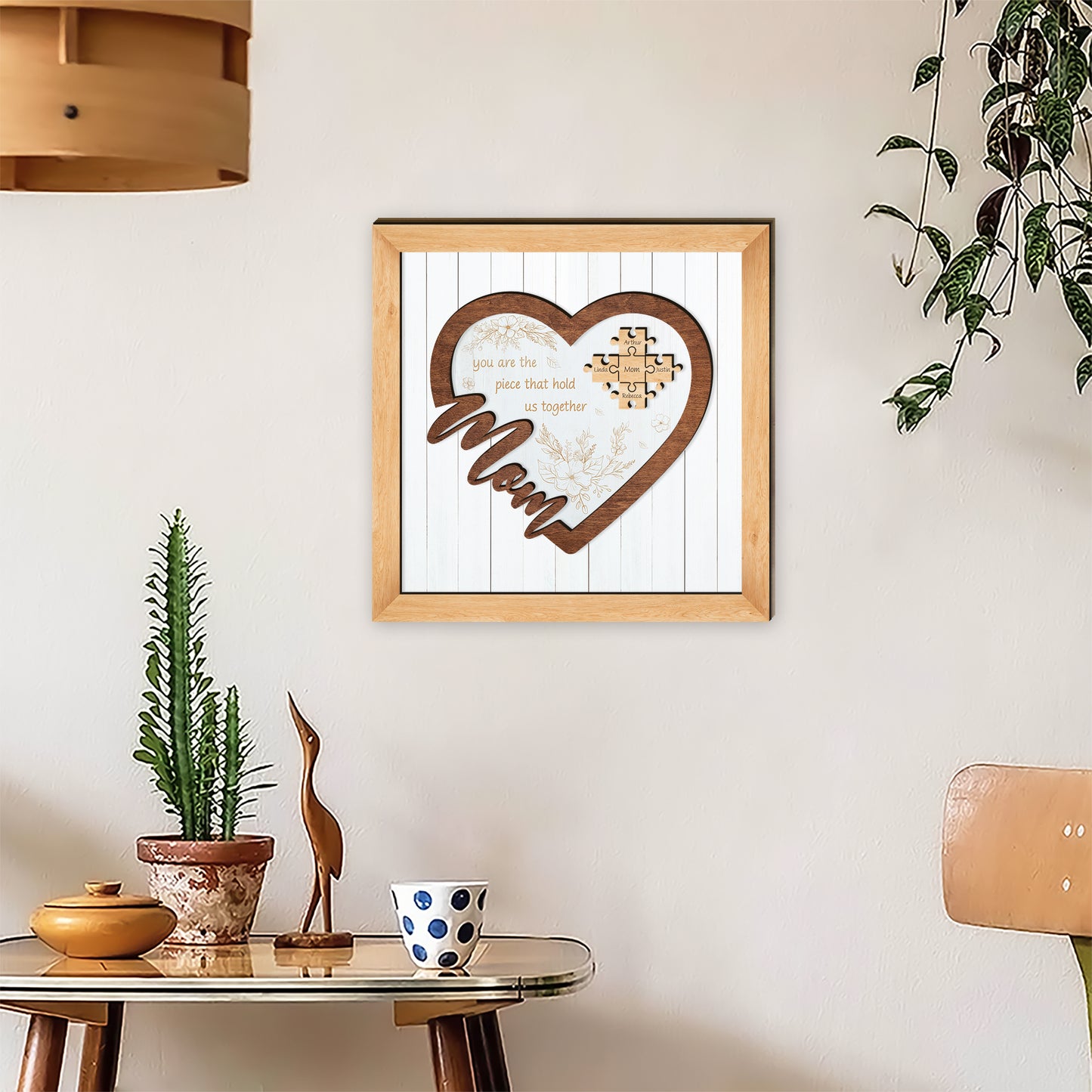 Mom Puzzle Heart Sign - Mother's Day Farmhouse Decoration - Personalized 2-Layer Wooden Art