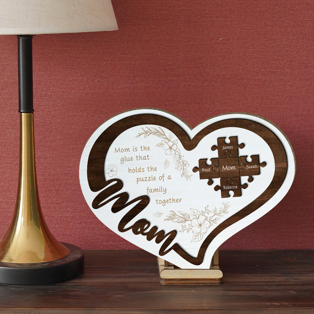 Love Mom Puzzle Heart Sign - Mother's Day Farmhouse Decoration - Personalized 2-Layer Wooden Art