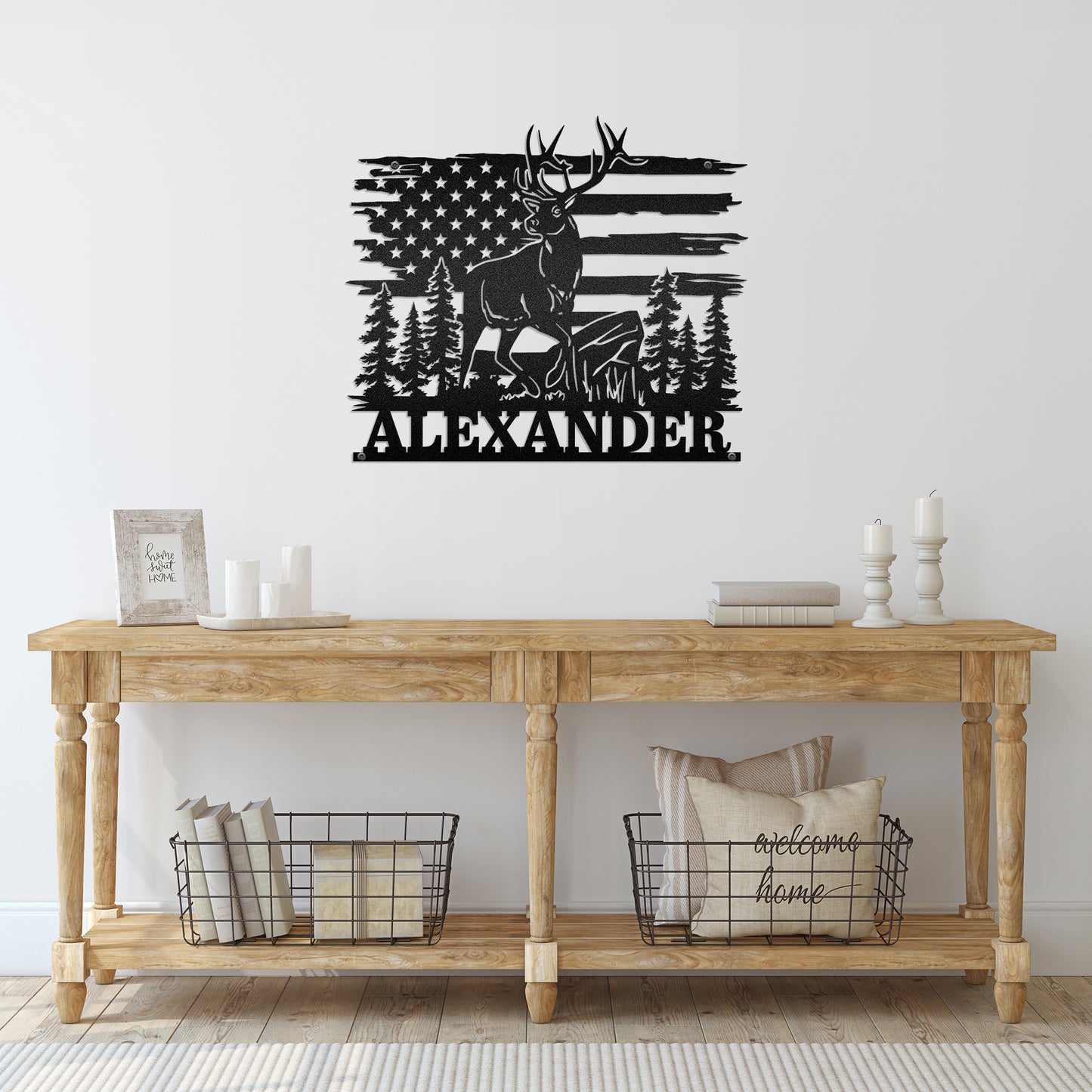 Deer Hunting US Flag - Woodland Animal Decoration - LED Light Personalized Cut Metal Sign