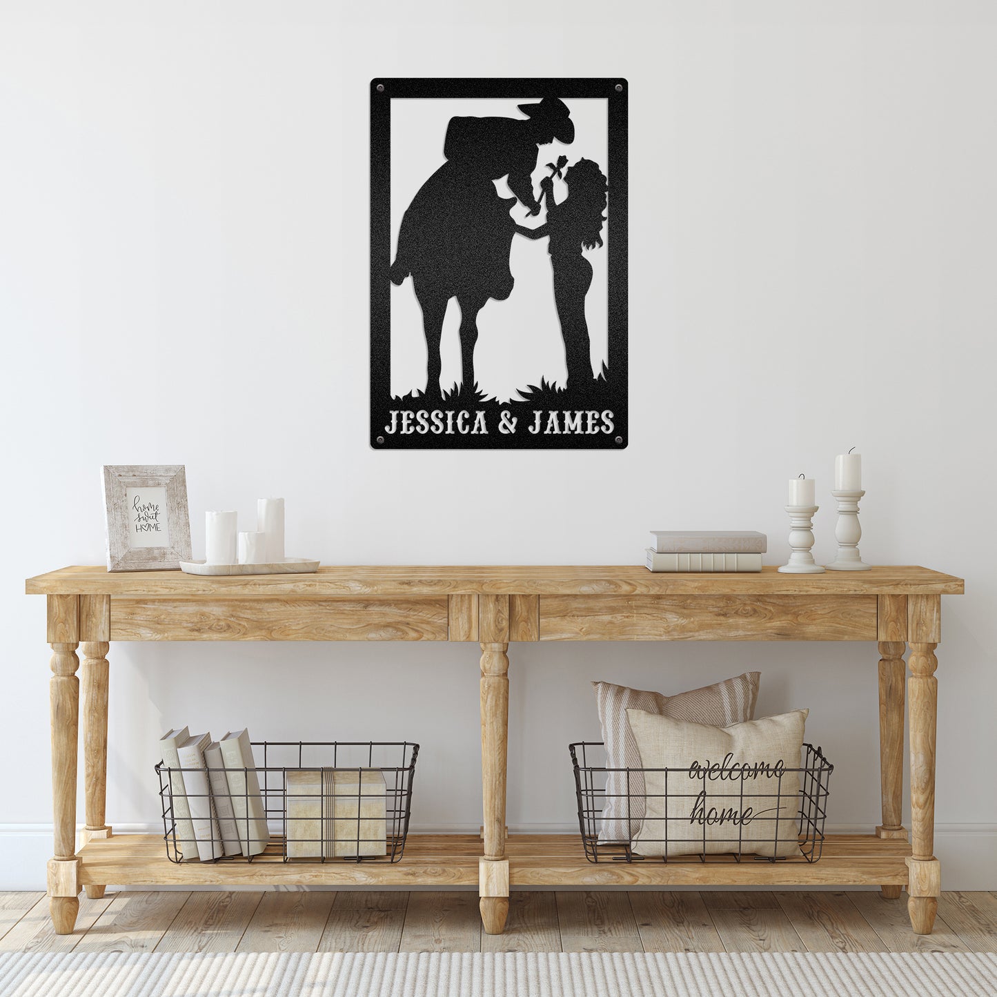 Romantic Love Between Cowboy & Cowgirl - Couple Farmhouse Decoration - LED Light Personalized Cut Metal Sign