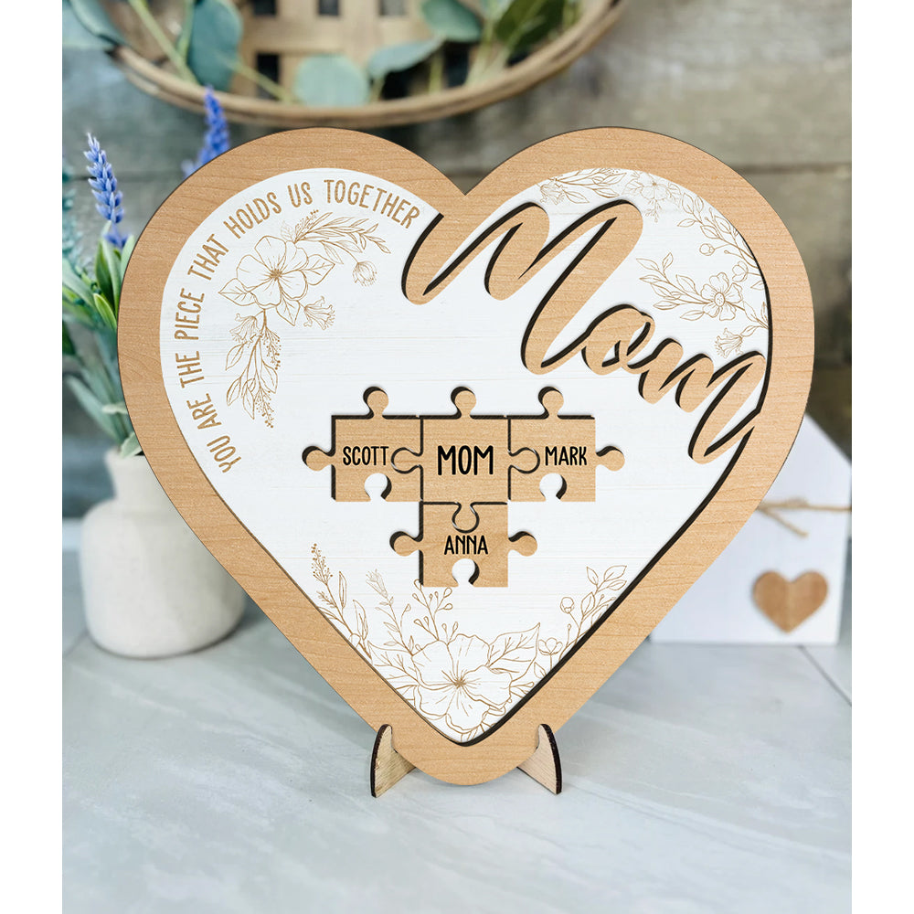 Love Mom Puzzle Heart - Mother's Day Farmhouse Decoration - Personalized 2-Layer Wooden Art