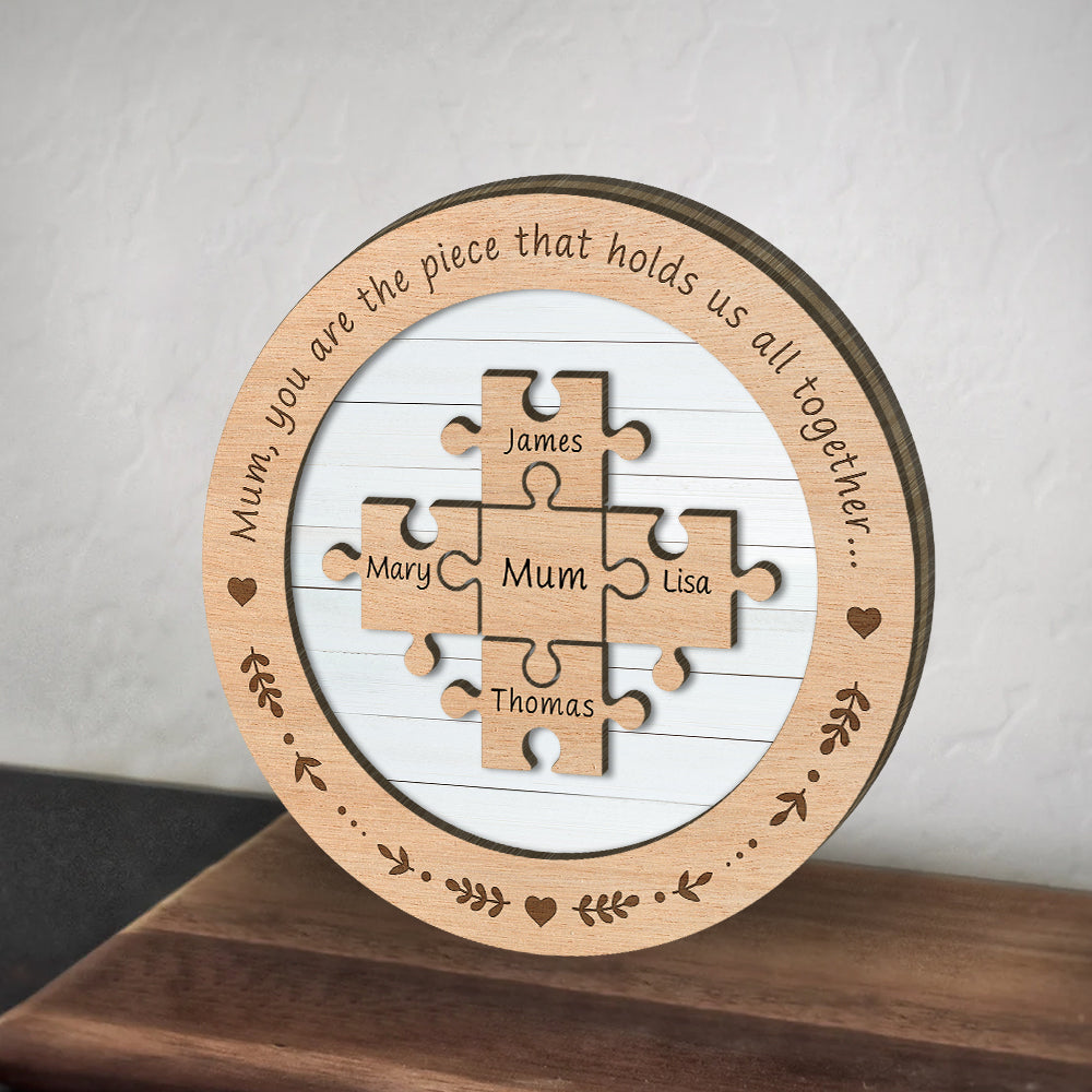 Love Mom Puzzle Piece Round - Mother's Day Farmhouse Decoration - Personalized 2-Layer Wooden Art