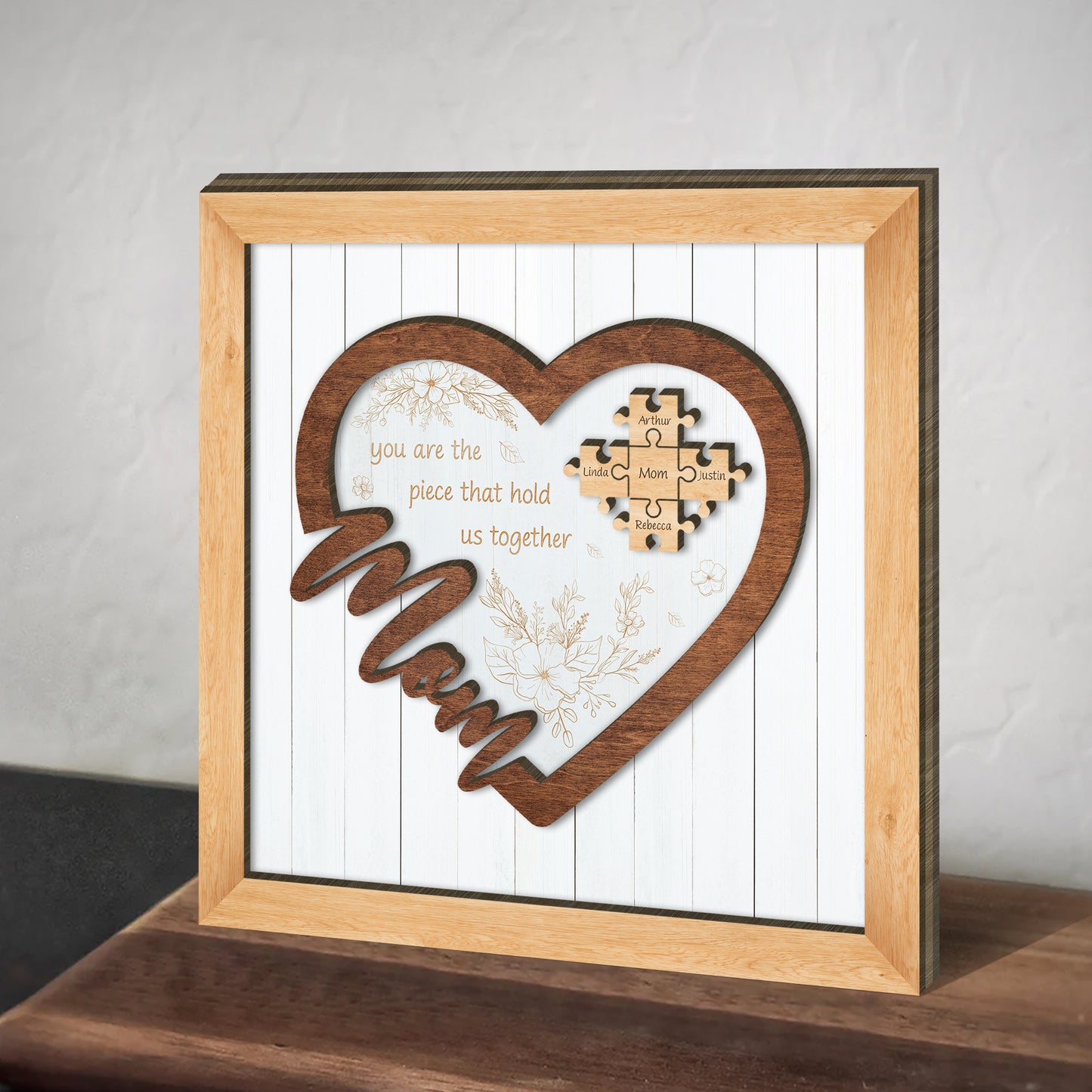 Mom Puzzle Heart Sign - Mother's Day Farmhouse Decoration - Personalized 2-Layer Wooden Art