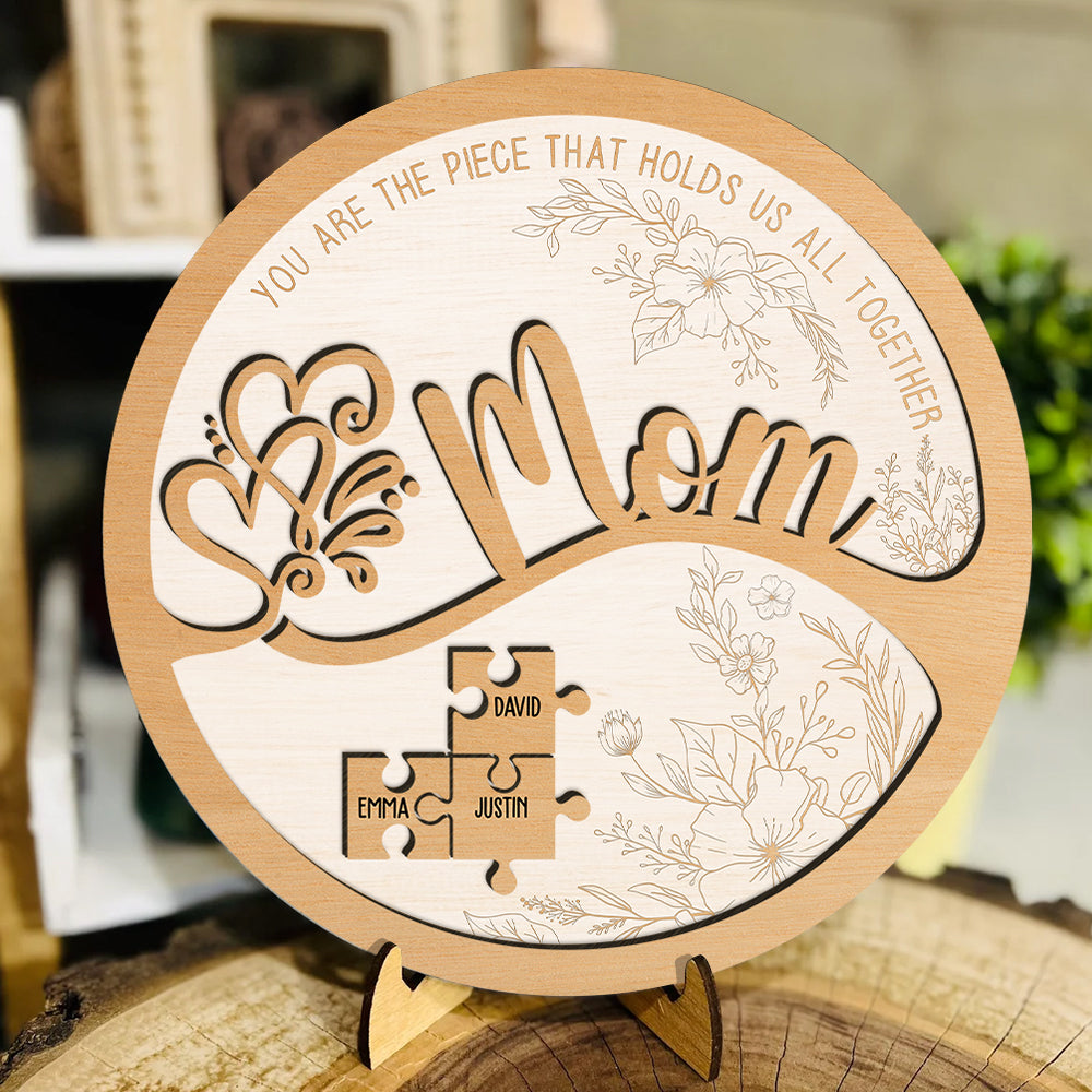 Love Mom Puzzle Round - Mother's Day Farmhouse Decoration - Personalized 2-Layer Wooden Art