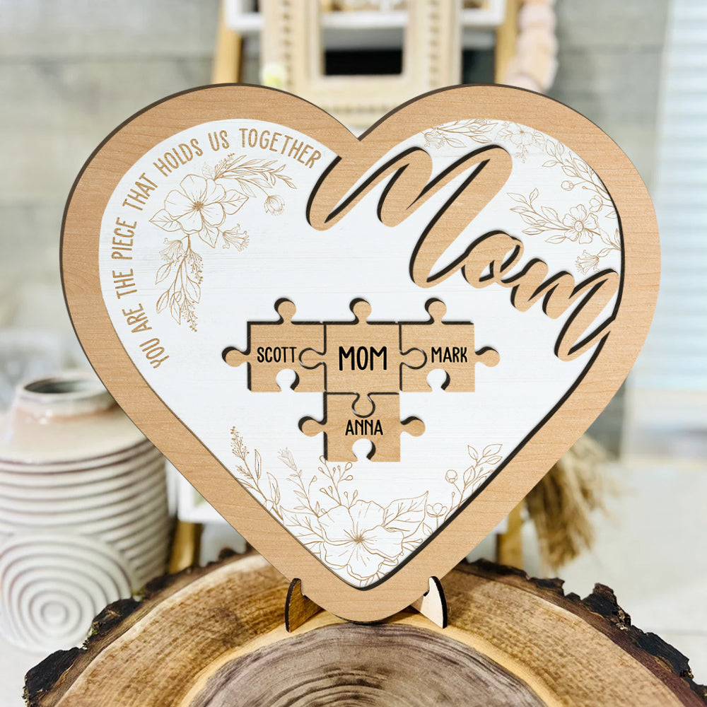 Love Mom Puzzle Heart - Mother's Day Farmhouse Decoration - Personalized 2-Layer Wooden Art