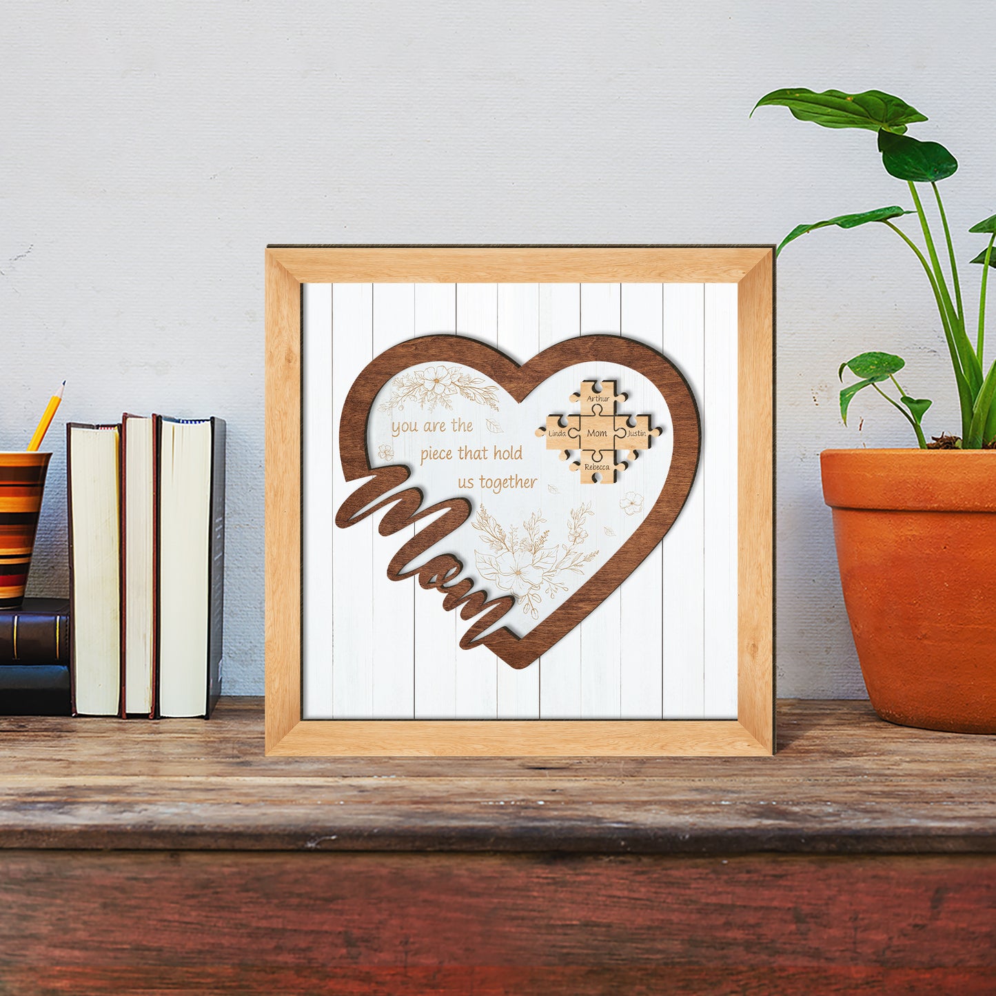 Mom Puzzle Heart Sign - Mother's Day Farmhouse Decoration - Personalized 2-Layer Wooden Art