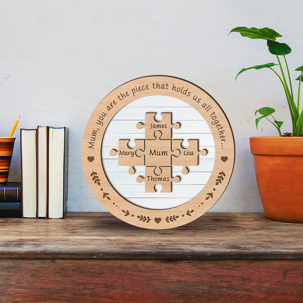 Love Mom Puzzle Piece Round - Mother's Day Farmhouse Decoration - Personalized 2-Layer Wooden Art