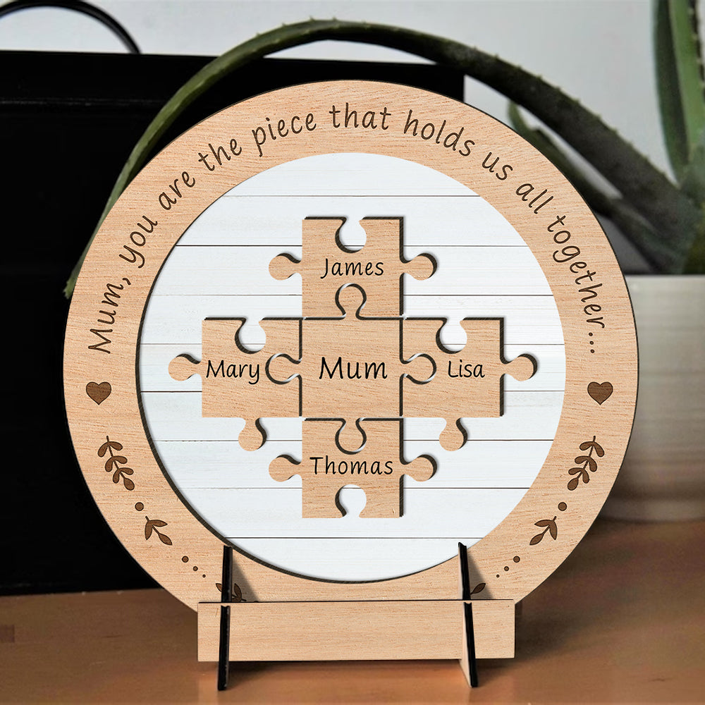 Love Mom Puzzle Piece Round - Mother's Day Farmhouse Decoration - Personalized 2-Layer Wooden Art