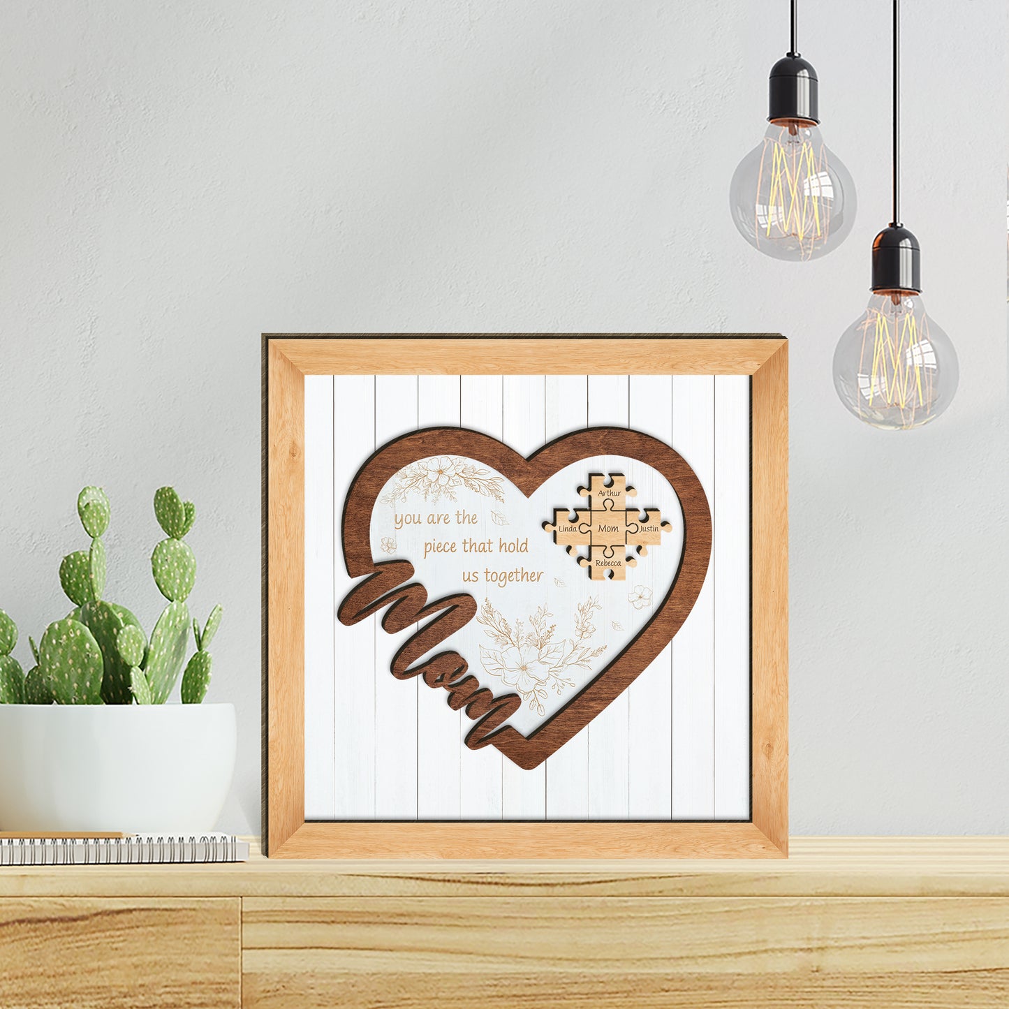 Mom Puzzle Heart Sign - Mother's Day Farmhouse Decoration - Personalized 2-Layer Wooden Art