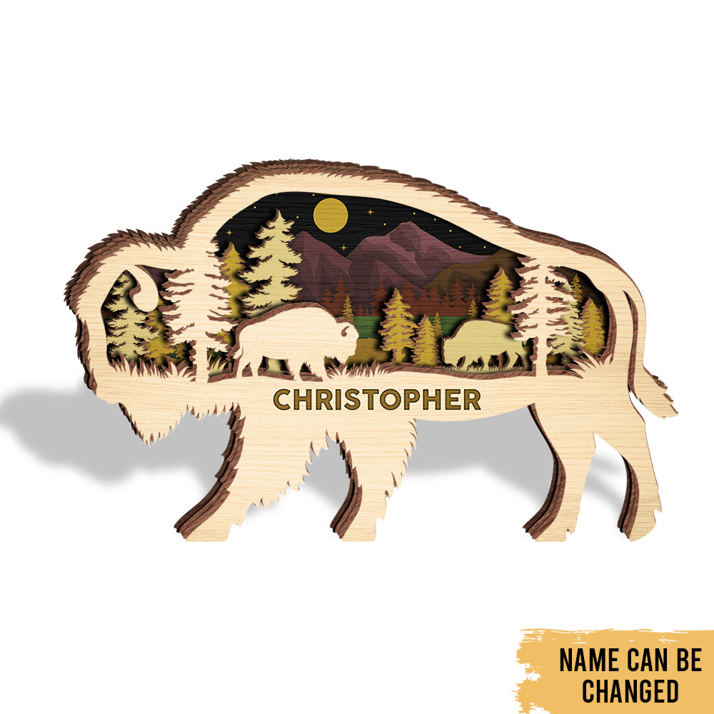 Bison Hunting - Woodland Animal Decoration - Personalized 4-Layer Wooden Art