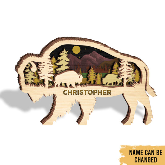 Bison Hunting - Woodland Animal Decoration - Personalized 4-Layer Wooden Art