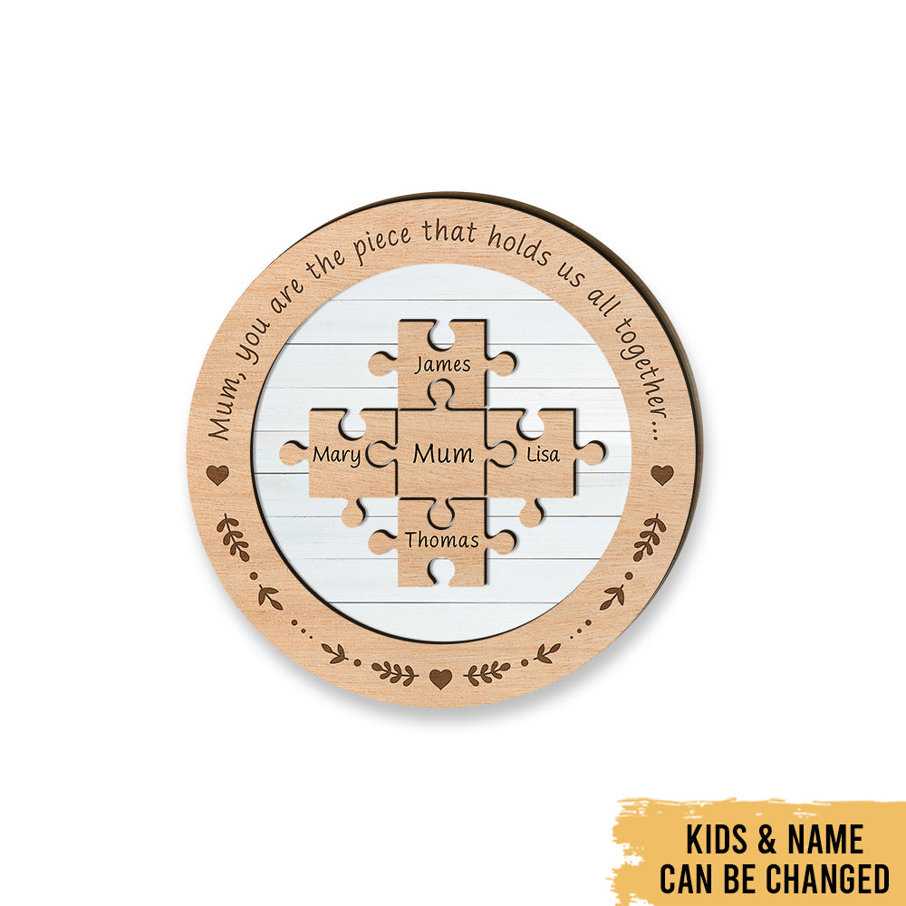 Love Mom Puzzle Piece Round - Mother's Day Farmhouse Decoration - Personalized 2-Layer Wooden Art