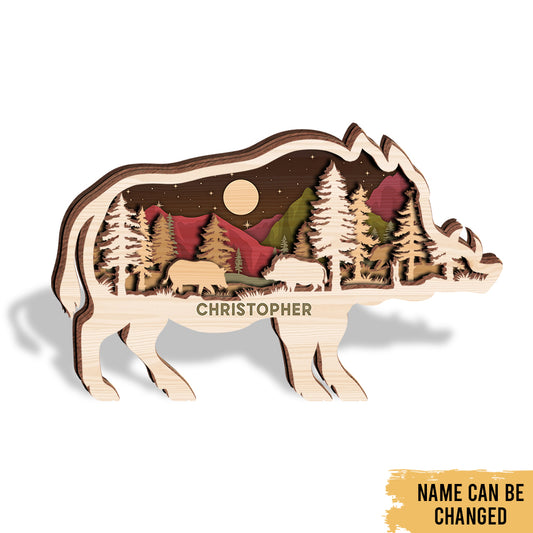 Boar Pig Hunting - Woodland Animal Decoration - Personalized 4-Layer Wooden Art