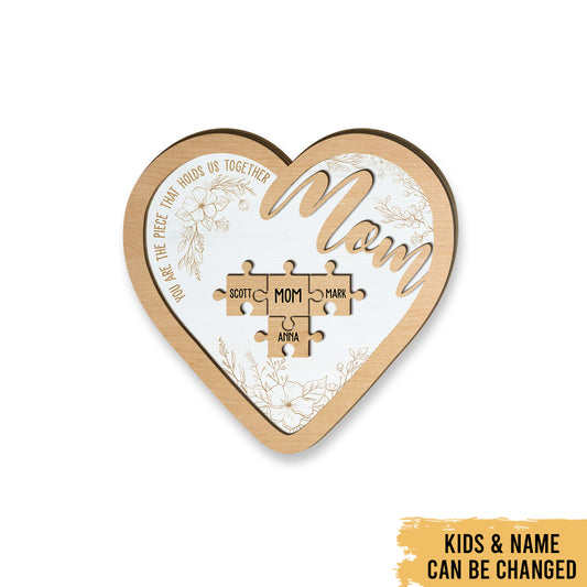 Love Mom Puzzle Heart - Mother's Day Farmhouse Decoration - Personalized 2-Layer Wooden Art