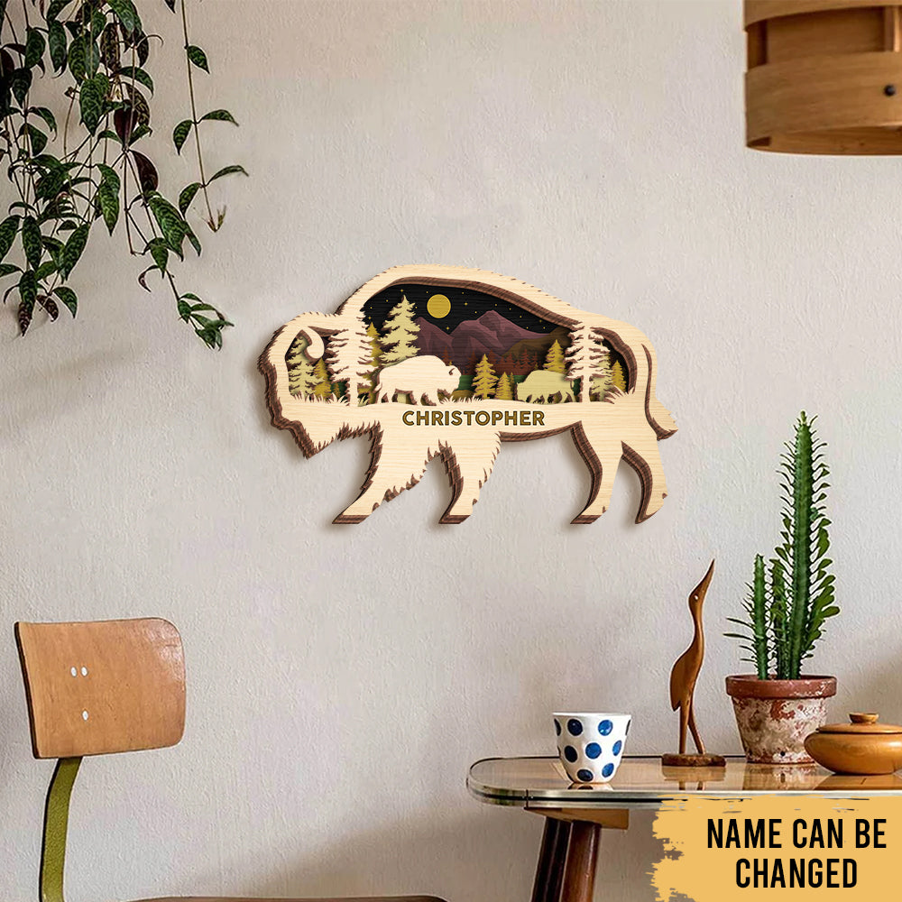 Bison Hunting - Woodland Animal Decoration - Personalized 4-Layer Wooden Art