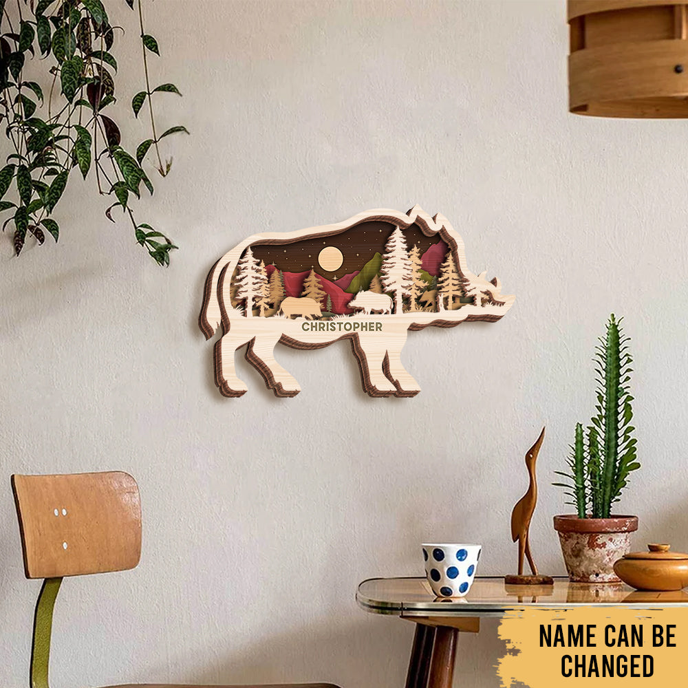 Boar Pig Hunting - Woodland Animal Decoration - Personalized 4-Layer Wooden Art