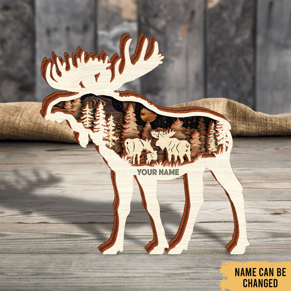 Moose Hunting Love - Woodland Animal Decoration - Personalized 4-Layer Wooden Art