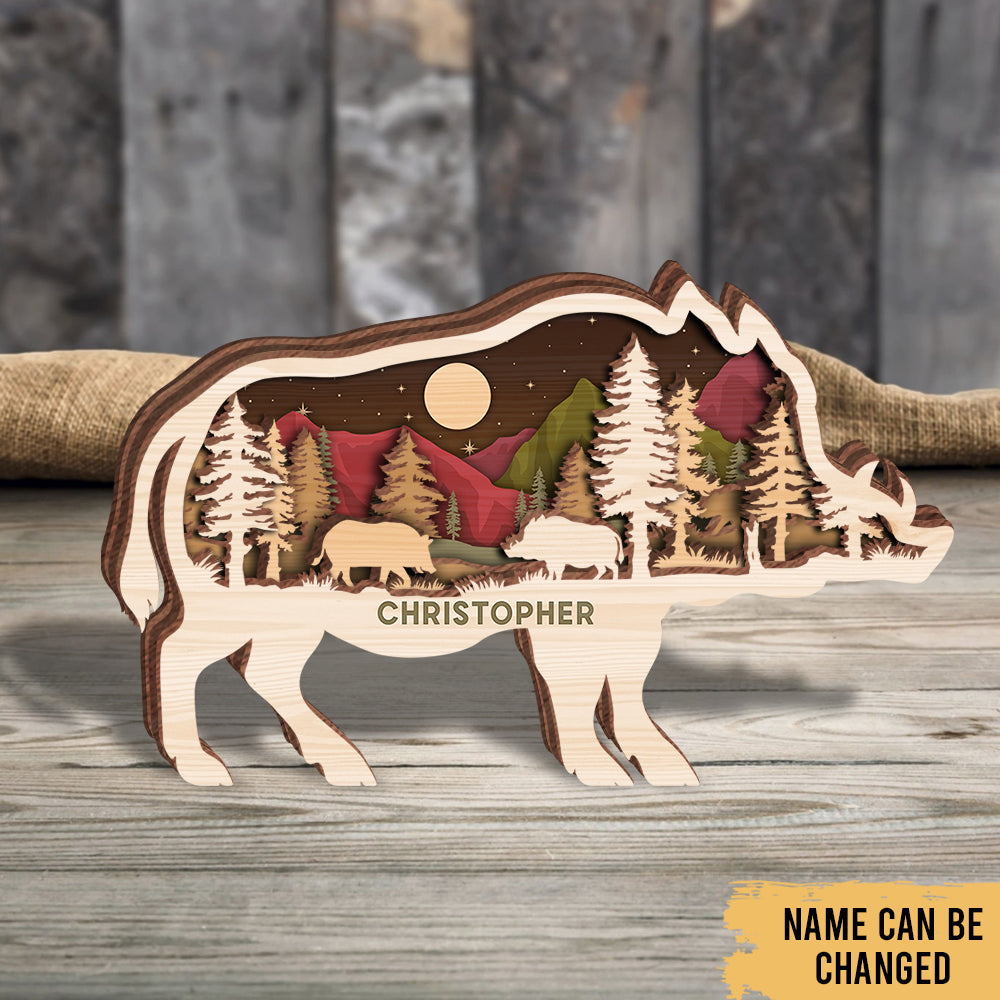 Boar Pig Hunting - Woodland Animal Decoration - Personalized 4-Layer Wooden Art