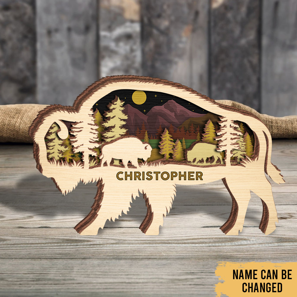 Bison Hunting - Woodland Animal Decoration - Personalized 4-Layer Wooden Art