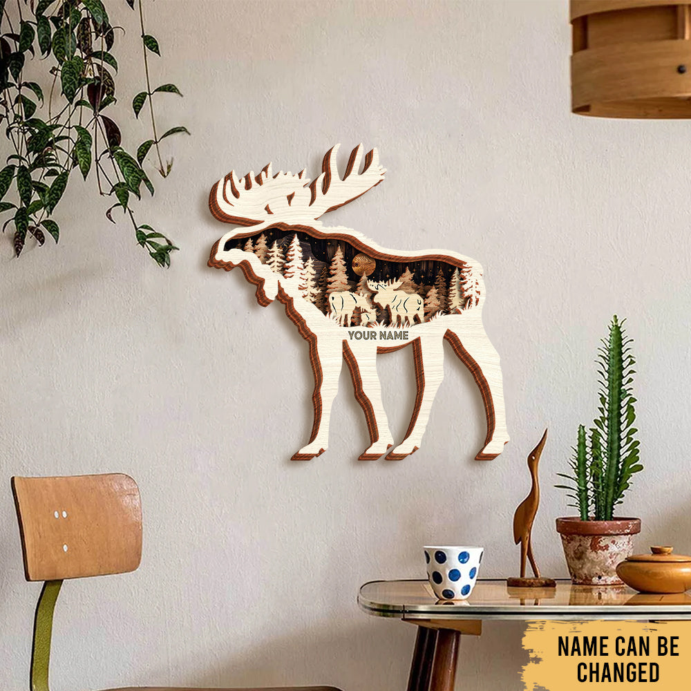 Moose Hunting Love - Woodland Animal Decoration - Personalized 4-Layer Wooden Art