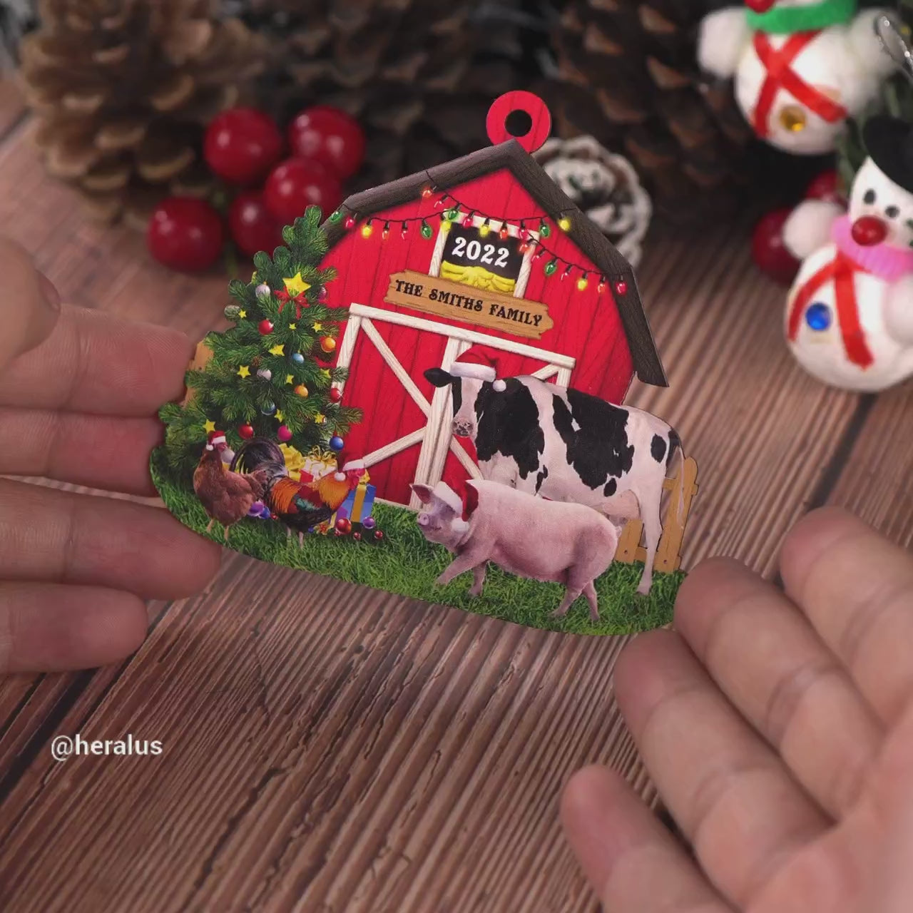 Red Barn House Ornament - Farm Animal Farmhouse Decoration - Personalized 2-Sided Wooden Ornament