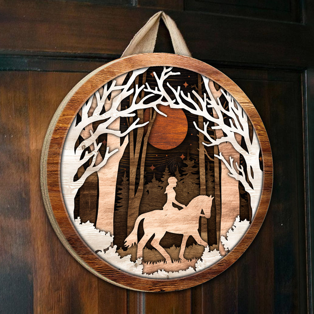 Cowgirl Riding Horse - Farm Animals Wall Art Decor Farmhouse Decoration - Round Wooden Sign