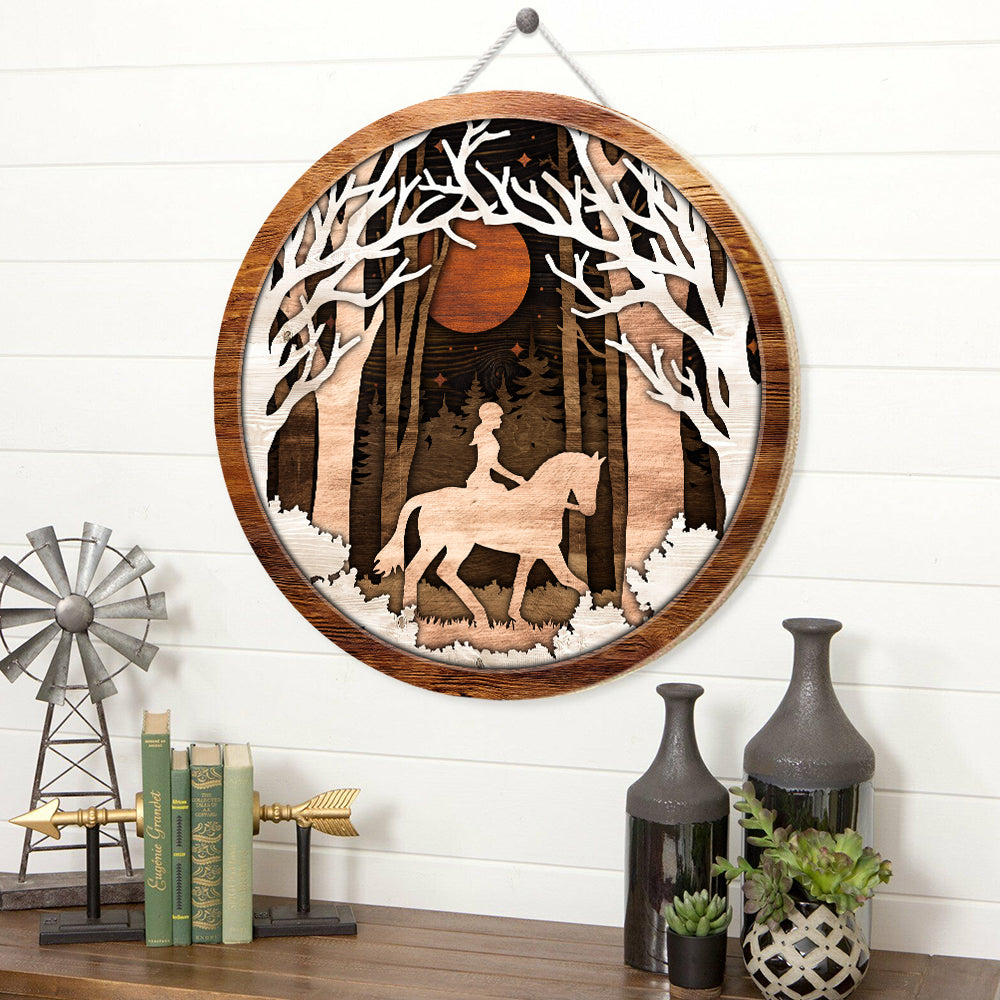 Cowgirl Riding Horse - Farm Animals Wall Art Decor Farmhouse Decoration - Round Wooden Sign