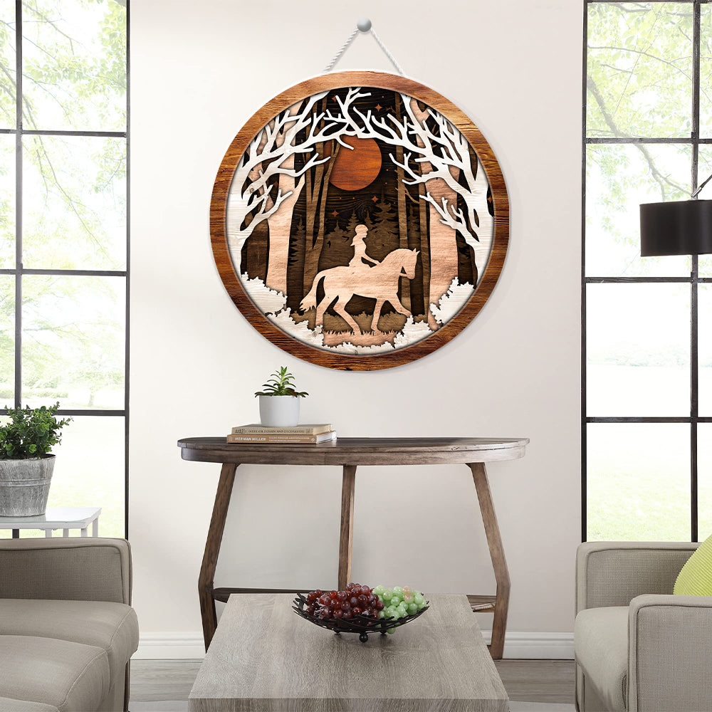 Cowgirl Riding Horse - Farm Animals Wall Art Decor Farmhouse Decoration - Round Wooden Sign