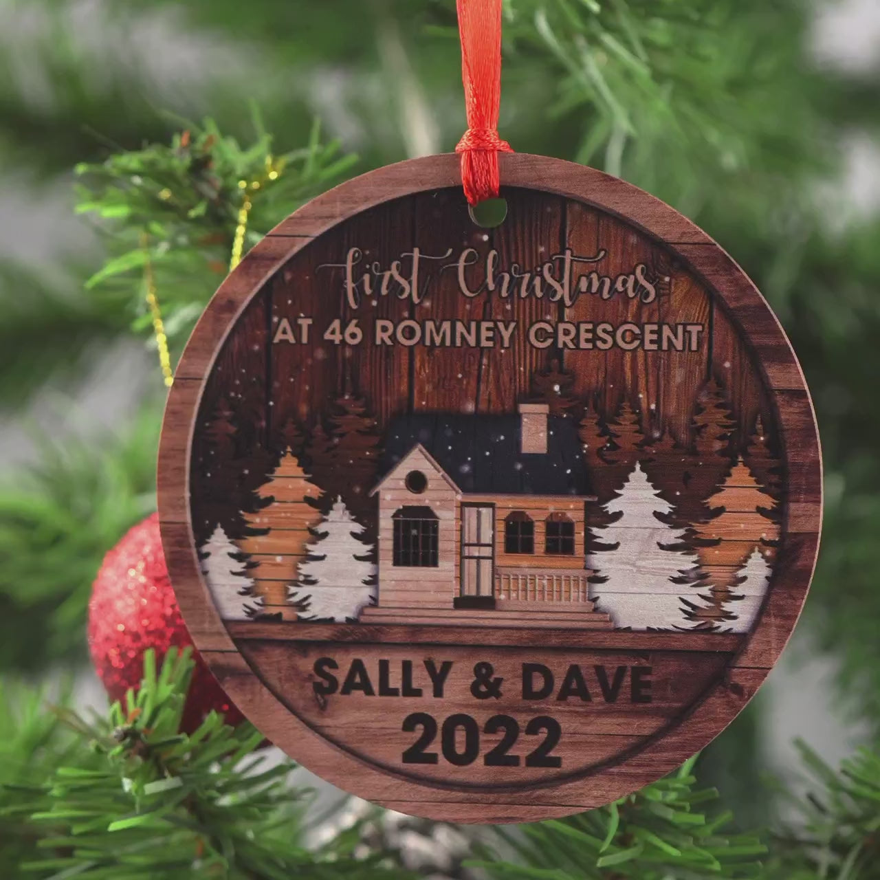 First Christmas At New Home - Farmhouse In Pine Tree Farm - Personalized 2-Sided Wooden Ornaments