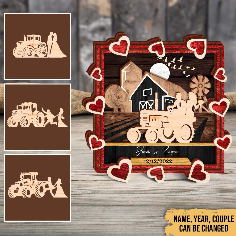 Tractor Farm Couple Wedding Love - Farmhouse Decoration - Personalized 4-Layer Wooden Art