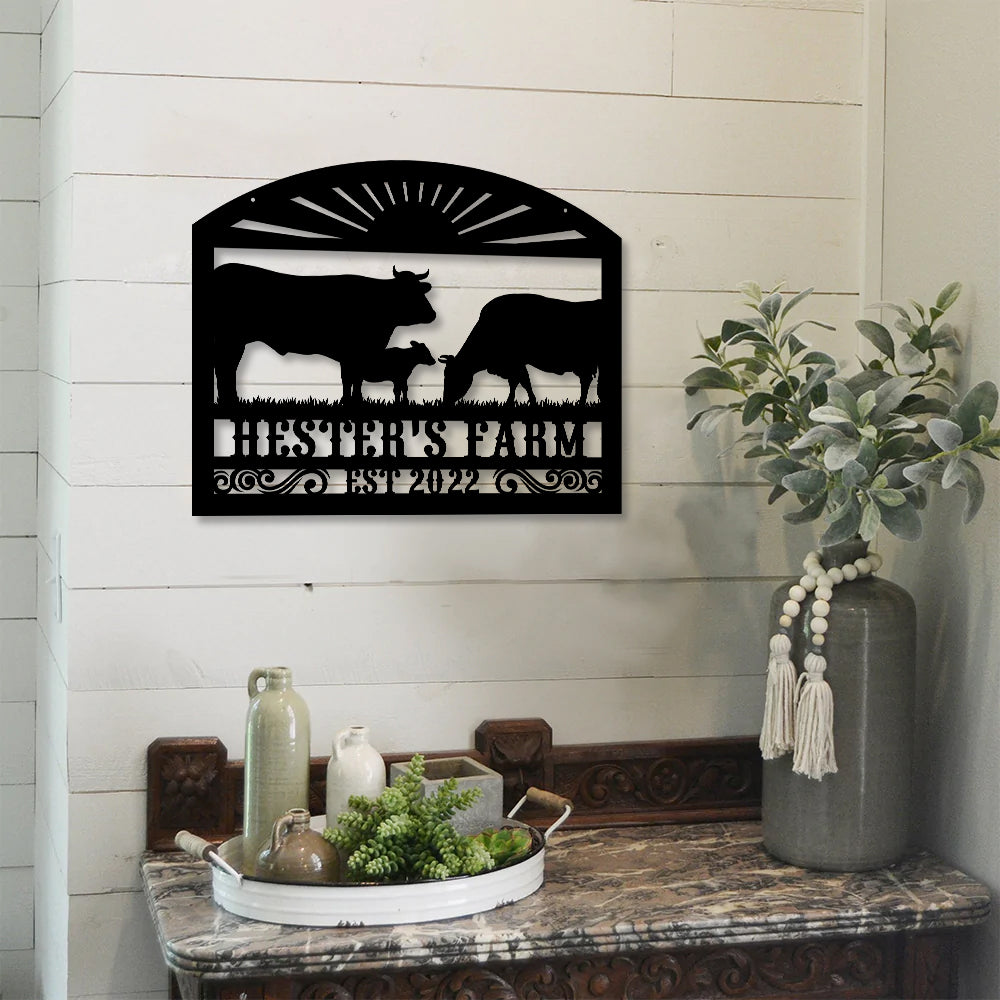 Cow Family On A Farm - Animal Farmhouse Decoration - LED Light Personalized Cut Metal Sign