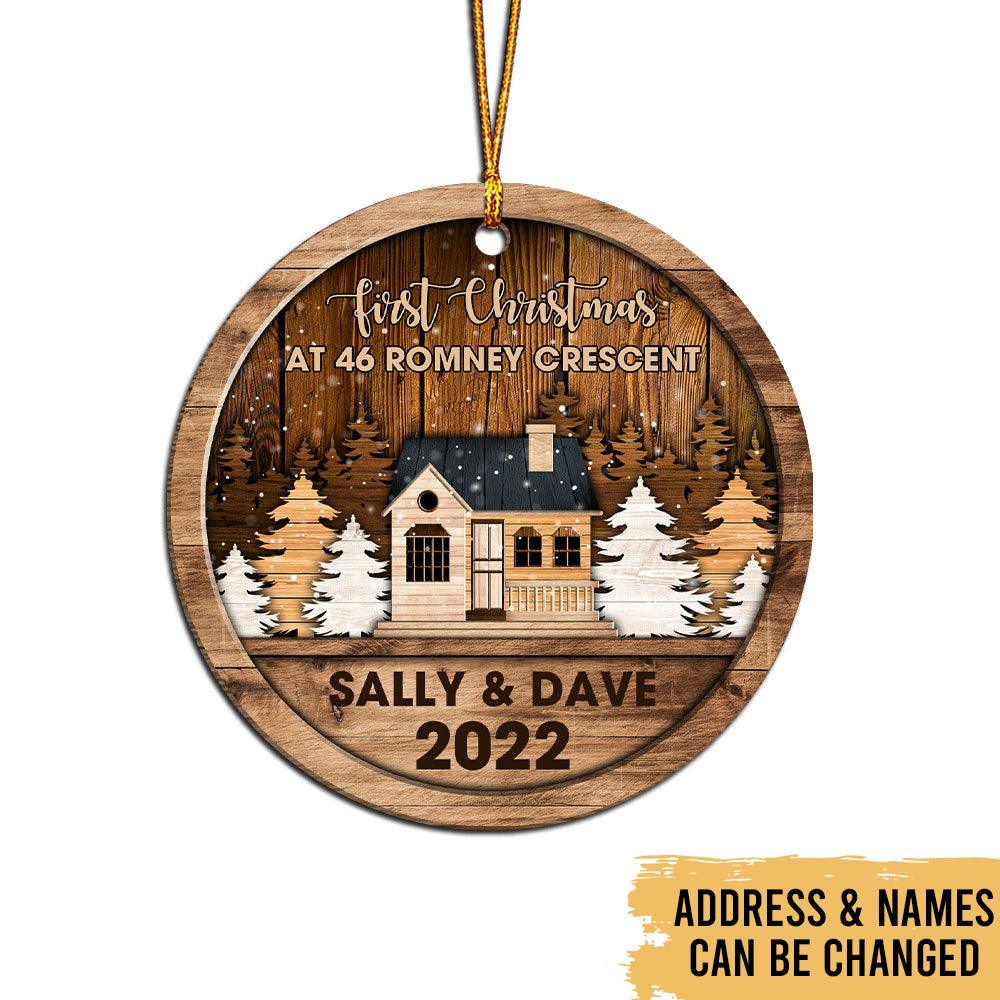 First Christmas At New Home - Farmhouse In Pine Tree Farm - Personalized 2-Sided Wooden Ornaments - Heralus