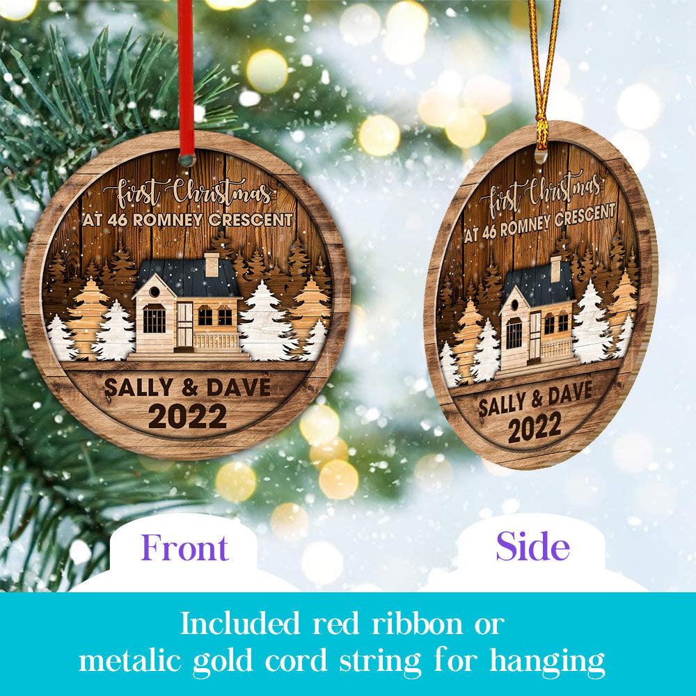 First Christmas At New Home - Farmhouse In Pine Tree Farm - Personalized 2-Sided Wooden Ornaments - Heralus