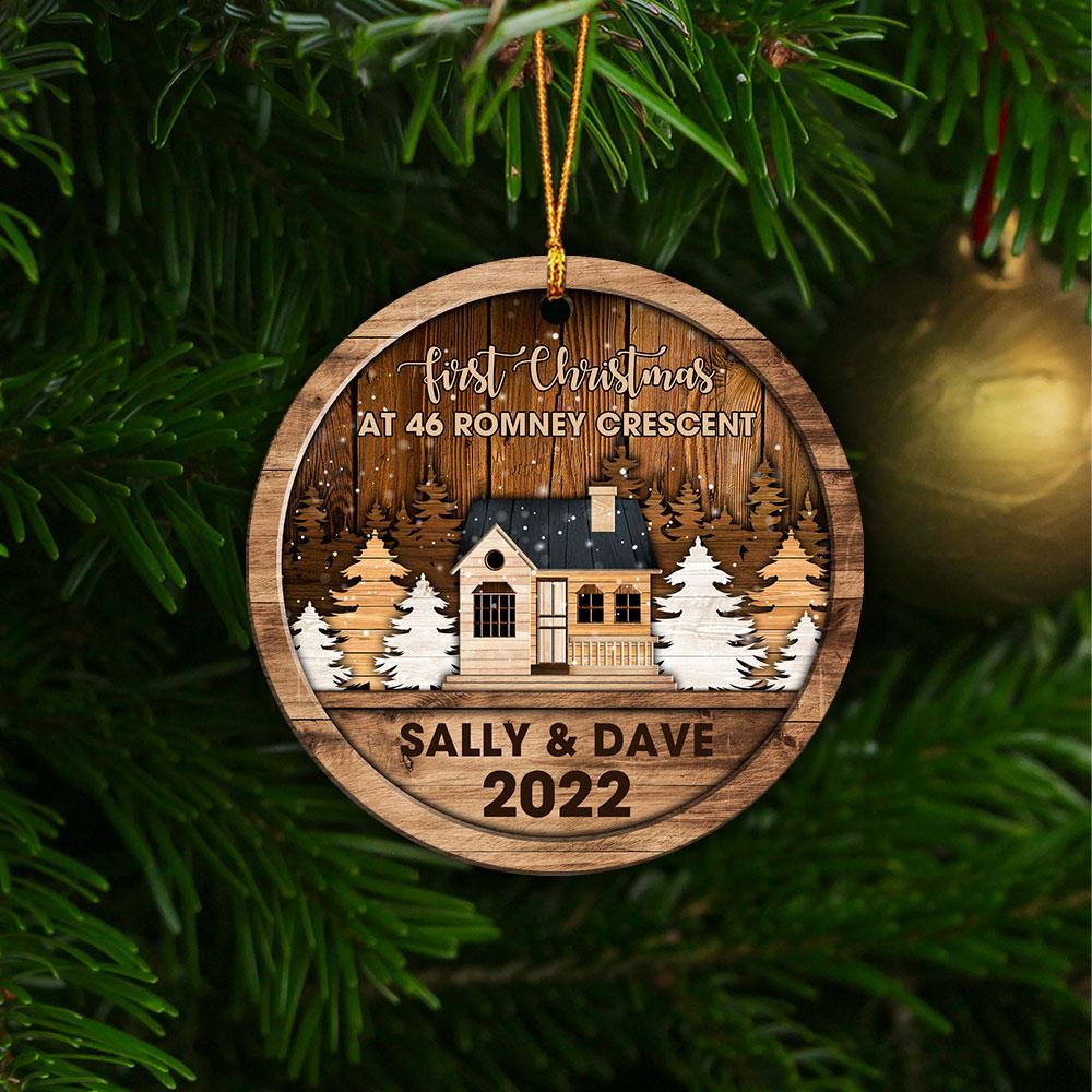 First Christmas At New Home - Farmhouse In Pine Tree Farm - Personalized 2-Sided Wooden Ornaments - Heralus